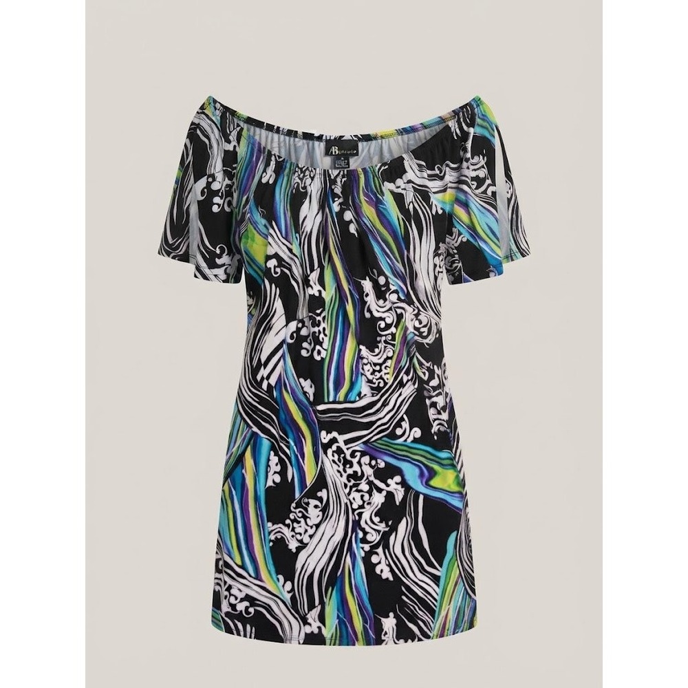 AB Studio Abstract Swirl Print Off Shoulder Split Sleeve Mini Dress Medium